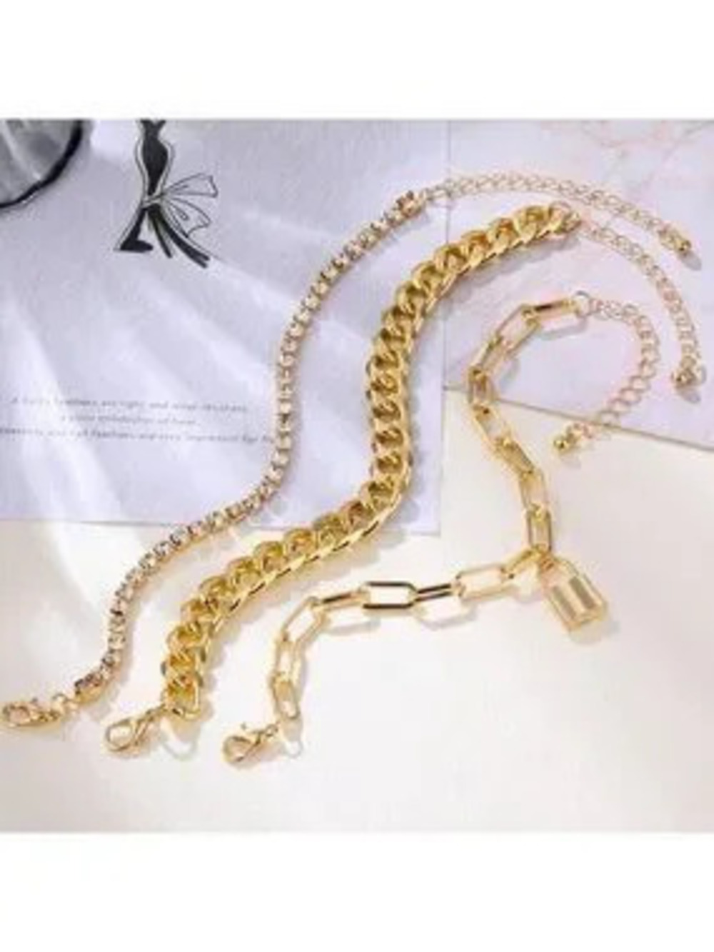 Gold 3pc Rhinestone Lock Bracelet Set